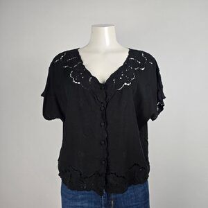 Vintage Black Embroidered Button-Front Blouse